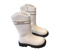 Girls Boots Glitter Pearl Chain British Style Leather Boots Soft Sole Fashion Winter Boots for Big Kids, White, 8.5 UK