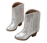 Girls Boots Kids Mid Calf Pointed Toe Glitter Cowboy Boot Western Riding Shoes with Sequin Tassel Slip On Low Heel Fall Winter Country Party Leather Fashion Boots (1 Big Kids) Silver