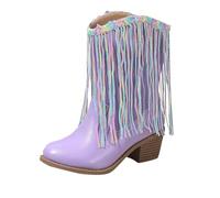 Girls Boots Kids Mid Calf Pointed Toe Glitter Cowboy Boot Western Riding Shoes with Sequin Tassel Slip On Low Heel Fall Winter Country Party Leather Fashion Boots (Purple, 11 Little Child)