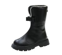 Girls' Boots Mid-Calf Riding Boots, Kids Fleece Lined Side Zipper Princess Boots with bow non-slip round toe flat heel school shoes winter fall footwear