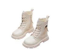 Girls' Boots Side Zipper Ankle Booties, Kids Lace Up Patent Leather Walking Boots Lug Sole Chunky Heels School Shoes Winter Fall Comfy Footwear Beige Size UK 1