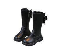 Girls' Boots Side Zipper Mid-Calf Riding Boots, Kids Elegant Princess Boots with Bow Tie Non-Slip Round Toe Flat Heel School Shoes Winter Fall Footwear Black Size UK 1