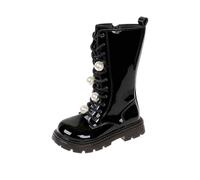 Girls' Boots Winter Knee High Riding Boots, Kids Non-Slip Patent Leather Combat Boot with Pearls Zipper School Low Heel Shoes Lightweight Booties Outdoor Footwear