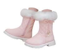 Girls Boots Winter Warm Mid - Calf Snow Boots for Girls, Faux Fur Trim Quilted Leather Boots with Pearl Decor, Comfortable Non - Slip Princess Boots for Kids School, Party & Daily Wear Pink