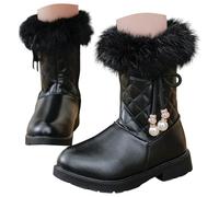 Girls Boots Winter Warm Mid - Calf Snow Boots for Girls, Faux Fur Trim Quilted Leather Boots with Pearl Decor, Comfortable Non - Slip Princess Boots for Kids School, Party & Daily Wear Black
