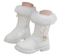 Girls Boots Winter Warm Mid - Calf Snow Boots for Girls, Faux Fur Trim Quilted Leather Boots with Pearl Decor, Comfortable Non - Slip Princess Boots for Kids School, Party & Daily Wear White