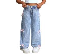 Girls Bow Jeans Retro High Waist Baggy Denim Trousers Straight Wide Leg Casual Denim Trousers with Pockets Kids Toddler Buttons Vintage Loose Jeans Streetwear (Blue, 12-13 Years)