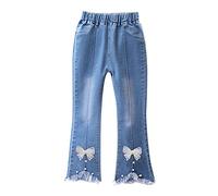 Girls Bowknot Jeans UK Clearance Kids Denim Trousers Flared Pants Elasticated Waist Joggers Full Length Tracksuit Fashion Casual Bottoms Slim Fit Sweatpants School Outdoor Leisure Activewear
