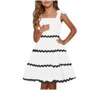 Girls Bowknot Spaghetti Straps Dresses White Striped A Line Swing Kids Elegant Casual Suspender Dress Square Neck Holiday Birthday P rty (White, 9-10 Years)