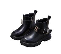 Girls Boys Ankle Boots, Buckle Metal, Matt Boots, Non-Slip, Side Zip, Plain Color Wellies, Stitching Rubber Sole, Snow Shoes, Kid School Military Shoes
