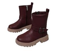 Girls Boys Ankle Boots, Matt Boots, Buckle Metal, Non-Slip, Side Zip, Plain Color Wellies, Stitching Rubber Sole, Snow Shoes, Kid School Military Shoes