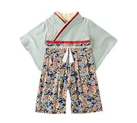Girls Boys Baby Kids Kimono Style Cotton Pyjamas Set Japanese Floral Geometric Print Soft Summer Nightwear Loungewear for Children Cute Traditional Design Sleepwear (Green, 3-4 Years)