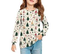 Girls Boys Christmas Print Long Sleeve Top, Festive Crew Neck Pullover Holiday T-Shirt for Kids 1-14 Years, Cute Xmas Tree & Stocking Design Casual Winter Top Beige