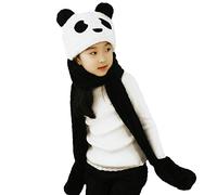 Girls Boys Furry Panada Winter Hat with Scarf Gloves Set 3 In 1 Hoodie Hat Soft Fluffy Plush Warm Hat Thermal Fleece Earflaps Snood Scarf Hat Children Girls Hats and Scarves for 1-7 Years Old