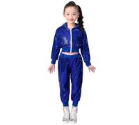 Girls Boy's Hip-hop Jazz Performance Costume Street Dance Outfits Sequins Jacket Coat Hooded Tops Pants Set (Blue, 4-5 Years)