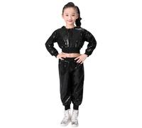 Girls Boy's Hip-hop Jazz Performance Costume Street Dance Outfits Sequins Jacket Coat Hooded Tops Pants Set (Black, 8-9 Years)
