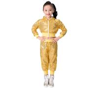 Girls Boy's Hip-hop Jazz Performance Costume Street Dance Outfits Sequins Jacket Coat Hooded Tops Pants Set (Yellow, 8-9 Years)
