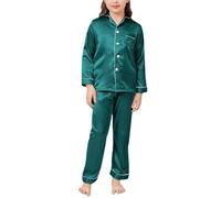 Girls Boys ilk Pyjamas Kids 2 Piece Long Sleeve Satin js Set Button-Down Silky Nightwear Children Sleepwear Comfy Loungewear Lapel Top Shirt + Pants Bottoms Pajama Outfits (Green, 4-5 Years)