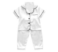 Girls Boys ilk Satin Pyjamas Set Button-Down js Two-Piece ounge Sets Sleepwear Short Sleeve Lapel Shirts with Long Pants Kids Solid Silky Nightwear with Chest Pocket (White, 1-2 Years)