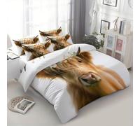 Girls Boys Kids Animal Watercolour Highland Cow, White Super King Reversible Duvet Cover, Soft Easy Care Bed Linen Duvet Cover Quilt, Brushed Microfiber Bedding Set With Pillow Case, 260 x 220 cm