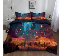 Girls Boys Kids Dark BlueFantasy Art Night Market King Reversible Soft Easy Care Bed Linen Duvet Cover Quilt Bedding Set With Pillow Case