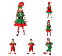 Girls Boys Kids Elf Santa's Little Helper Christmas Fancy Dress Party Costume Cosplay Christmas Costume 4PC Holiday Outfits Funny Fancy Elves Costumes for Kids Hat + Dress + Stockings + Belt