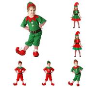 Girls Boys Kids Elf Santa's Little Helper Christmas Fancy Dress Party Costume Cosplay Christmas Costume 4PC Holiday Outfits Funny Fancy Elves Costumes for Kids Hat + Dress + Stockings + Belt