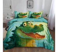 Girls Boys Kids Light CyanCartoon Anime Animal Crocodile Super King Reversible Soft Easy Care Bed Linen Duvet Cover Quilt Bedding Set With Pillow Case