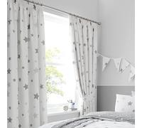 Girls Boys Kids Multi Stars Grey 66" x 72" Ring Track Pole Fully Lined Pencil Pleat Curtain Set