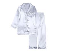 Girls Boys Long Sleeve Satin Pyjamas Set Kids Silky Top Shirt with Full Length Pants 2pcs Sleepwear Nightwear Outfits 1 to 11 Years Classic Solid Lapel Loungewear Nightclothes (Silver, 3-4 Years)