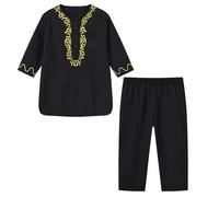 Girls Boys Muslim Clothing Long Sleeve Kaftan Set Middle East Youth Embroidered Top with Pants Suit Islamic Abaya Embroidery Pattern Round Tie Pocket Long Sleeve Trousers Suit (Black, 9-10 Years)