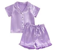 Girls Boys Pyjamas 2025 Kid's Silk 2 Piece Comfortable Elegant Cotton Sleepwear Short Sleeved Jammies for Sleeve 2-8 Years Purple