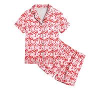 Girls Boys Pyjamas 2025 Kid's Silk 2 Piece Kawaii Cartoon Print Sleepwear Casual Tops Shirts Pants Soft Lounge Sets Button-Down Pjs Unisex Kid Short Sleeve Pink