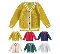 Girls Boys School Uniform V Neck Button-up Cardigan Kids Toddler Unisex Lightweight Fleece Cardigans Knitwear Pullover Warm Anti-Pill Sweater (Dark Blue, 7-8 Years)
