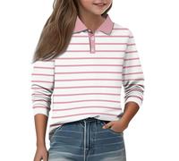 Girls’ & Boys’ Striped Rugby Shirt, Kids’ Long Sleeve Collared Top with Lapel V-Neck, Oversized Loose-Fit Pullover Sweatshirt for Daily Casual Wear