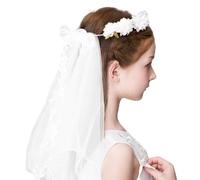 Girls Bridal Bow Veil White Floral Wreath Bow Veils Flower Wedding Veils for Kids Chucky Costume First Communion Bachelorette Halloween Night Party Hair Decorations
