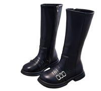 Girls Buckle Knee High Boots Faux Leather Shoes Round Toe Riding Boot Children's Autumn Winter Boots Side Zipper Comfort School Shoes Cowgirl Boot Thick Heel Booties Lightweight Footwear