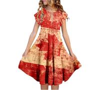 Girls Canada Day Floral Dress Cute Red White Maple Leaf Print Tiered A-Line with Fluttering Sleeves and Pockets, Comfortable Party Dress for Canadian Girls Black, red, 10-11 Years