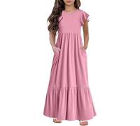 Girls Cap Sleeve Tier d Maxi Dress with Pockets, Modest Fashion Elegant Church Part Wear Tunic Dresses for Toddler Teen Girls (Pink, 6-7 Years)