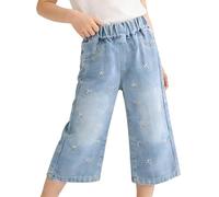 Girls Capri Jeans Destroyed 3/4 Length Denim Pants, Kids Ripped Basic School Trousers Summer Wide Leg Jogger Bottoms with Pockets Casual Sports Clothes Light Blue 7-8 Years