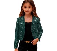 Girls' Cardigan Elegant Sequin Bolero Shrug, Kids Lightweight Mesh Long Sleeve Sparkly Shiny Tops Glitter Open Front Cropped Jacket Cocktatl Party Evening Wedding Green 7 Years