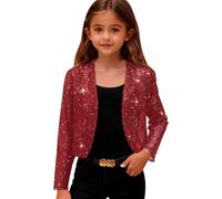 Girls' Cardigan Elegant Sequin Bolero Shrug, Kids Lightweight Mesh Long Sleeve Sparkly Shiny Tops Glitter Open Front Cropped Jacket Cocktatl Party Evening Wedding Red 11 Years