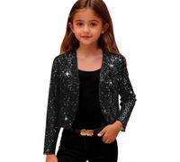 Girls' Cardigan Elegant Sequin Bolero Shrug, Kids Lightweight Mesh Long Sleeve Sparkly Shiny Tops Glitter Open Front Cropped Jacket Cocktatl Party Evening Wedding Black 4 Years