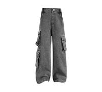 Girls Cargo Jeans,High Waist Straight Leg Stretchy Denim Trousers with Pockets,Y2K Streetwear Pants for Summer School Casual (A, 14-15 Years)