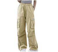 Girls Cargo Pants Kids Cotton Elasticated High Waist Trouser Full Length Baggy Straight Leg Pants Y2K Vintage Jogging Streetwear Sports Games School Outdoor 5-16 Years Khaki 14 Years