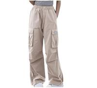 Girls Cargo Pants Kids Cotton Elasticated High Waist Trouser Full Length Baggy Straight Leg Pants Y2K Vintage Jogging Streetwear Sports Games School Outdoor 5-16 Years Beige 8 Years