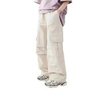 Girls Cargo Trousers Elastic Waist Baggy Fashion School Teen Girls Loose Fit Parachute Trousers Wide Leg Hip Hop Cargo Pants Comfy Lightweight Streetwear Sweatpants Age 4-15 Years (Beige, 13-14 Years)
