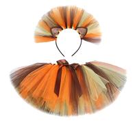 Girls Cartoon Mesh Tutu Dress, Cute Performance Carnival Party Outfit Khaki