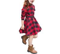 Girls' Casual Dress Belt Long Sleeve Buffalo Check Black White Red Plaid Dresses for Children Fringe Girls, E, 10-11 Years