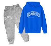 Girls Casual Letter Printed Hoodie and Sweatpants 2 PC Tracksuit Set Long Sleeve Pullover Jogger Outfit for Kids Unisex (2-Blue, 9-10Years)